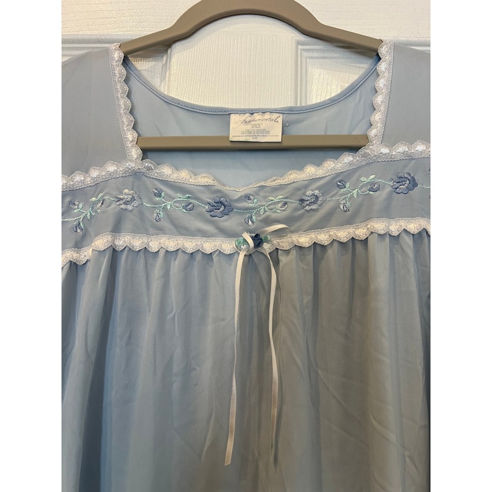 Fundamentals Nightgown Blue Nylon Floral Lace Trim Vintage Grandmacore L/G Retro - Picture 2 of 8